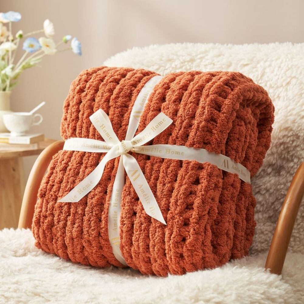 Chunky Knit Handmade Chenille Cable Knitted Crochet Throw Blanket Burnt Orange